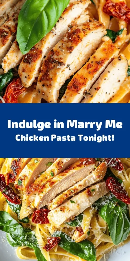 Discover the ultimate romantic dish with this Marry Me Chicken Pasta! This creamy, flavorful recipe combines tender chicken, sun-dried tomatoes, fresh spinach, and fettuccine, all topped off with rich Parmesan cheese. Perfect for a cozy dinner or a special occasion, it comes together in just 30 minutes. Impress your partner with this delicious meal that’s sure to make them fall in love all over again. Don’t forget the fresh basil for that extra touch!