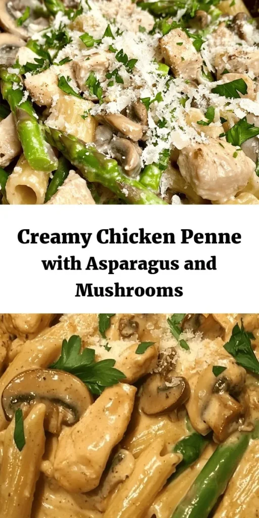 Indulge in a deliciously creamy mushroom and asparagus chicken penne that's sure to impress! This simple recipe features tender chicken, fresh asparagus, and savory mushrooms cooked in a rich cream sauce, all tossed with al dente penne. With easy-to-follow steps, it’s perfect for a weeknight dinner or a cozy gathering. Top with grated Parmesan and fresh parsley for that extra touch. Enjoy a bowl of comfort loaded with flavor!