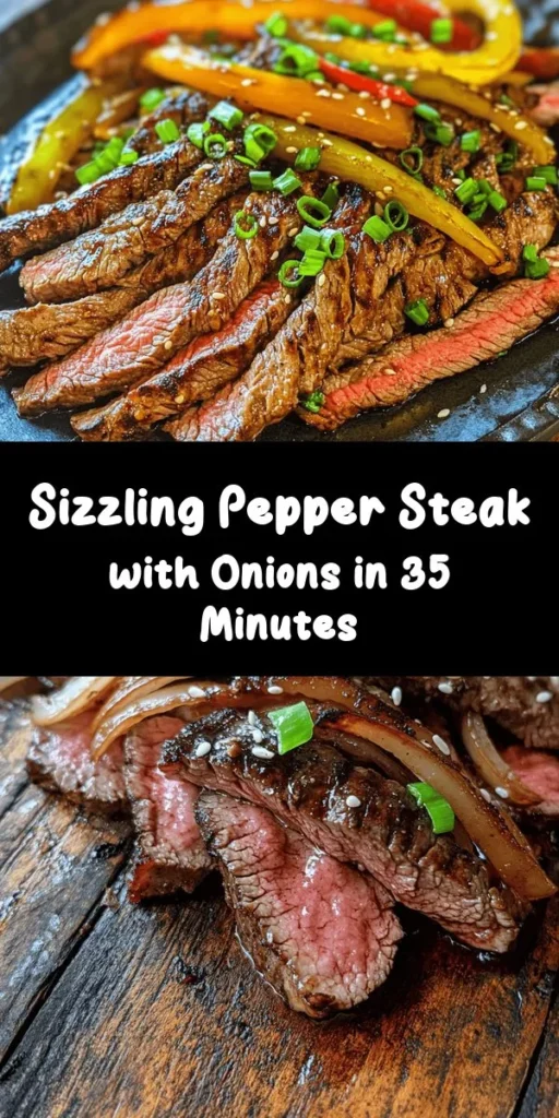 Get ready for a flavor-packed meal with this sizzling pepper steak with onions! Tender flank steak marinated in a savory blend of soy and oyster sauce is seared to perfection, then tossed with vibrant bell peppers, onions, garlic, and ginger. Finished with a drizzle of sesame oil, this dish is quick to prepare in under 35 minutes and is perfect served over rice or noodles. Your family will love this delicious Asian-inspired dinner!