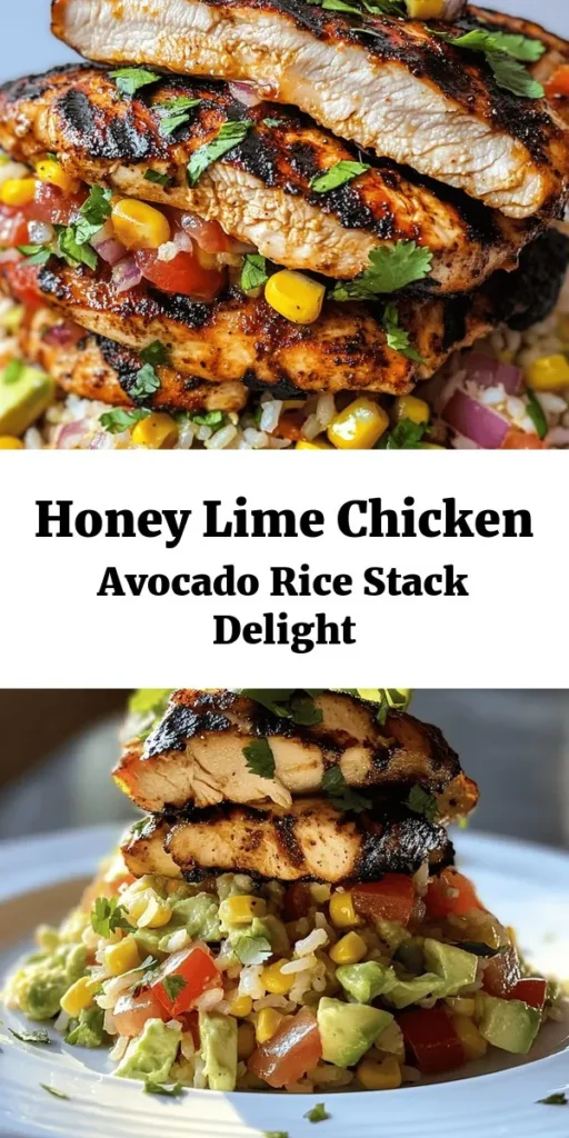 Get ready to savor the flavors of this Honey Lime Chicken & Avocado Rice Stack! With marinated grilled chicken glazed in honey and lime, paired with a creamy avocado rice blend, this dish is both refreshing and satisfying. Perfect for a family dinner or a meal prep option, it takes just an hour from start to finish. Top with fresh cilantro and serve with lime wedges for a delightful twist. Your taste buds will thank you for this delicious recipe!