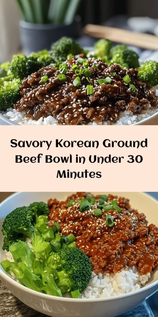 Savor the flavors of Korea with this easy and delicious Korean Ground Beef Bowl! Made with savory ground beef, aromatic garlic and ginger, and a sweet-spicy sauce, this dish comes together in just 20 minutes. Serve it over fluffy jasmine rice and pair it with steamed broccoli or your favorite veggies for a complete meal. Perfect for busy weeknights, this recipe is a tasty way to bring a little global flair to your dinner table. Enjoy garnished with green onions and sesame seeds for a delightful touch!
