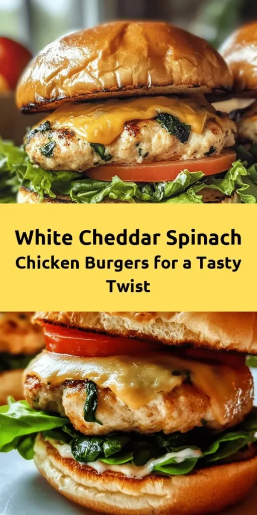 Savor the delightful flavor of White Cheddar and Spinach Chicken Burgers! These juicy chicken patties are packed with fresh spinach and gooey white cheddar, making them a nutritious and delicious meal for any day of the week. With simple ingredients and easy steps, you can whip up these tasty burgers in no time. Serve them on toasted buns with your favorite toppings for a satisfying dinner. Perfectly paired with sweet potato fries or a salad!