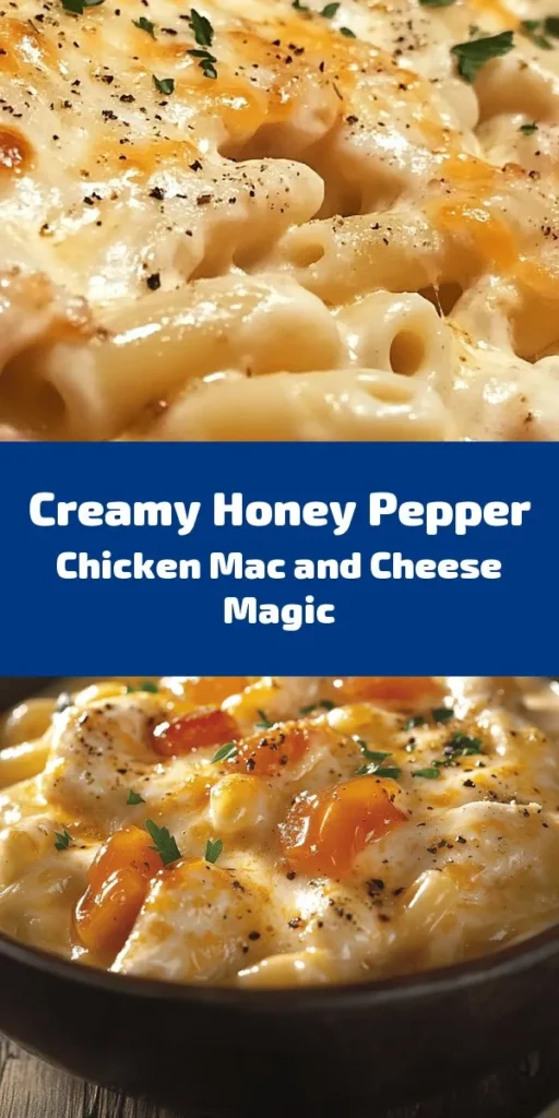 Indulge in the ultimate comfort food with this creamy Honey Pepper Chicken Mac and Cheese delight! Made with tender chicken, elbow macaroni, and a velvety blend of sharp cheddar and mozzarella, this dish is elevated with a touch of honey and a kick of freshly cracked black pepper. Perfect for family dinners or cozy nights in, it's quick to prepare and loaded with flavor. Garnish with fresh parsley for an extra pop! Enjoy every creamy bite!