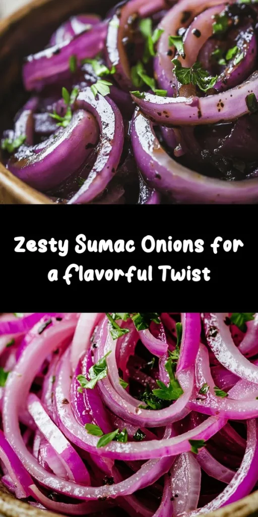 Elevate your meals with this vibrant Sumac Onions Delight! This simple recipe features thinly sliced red onions marinated in a zesty dressing of sumac, olive oil, and balsamic vinegar. Perfect as a side dish or topping for salads and sandwiches, it combines tangy flavors with a fresh parsley garnish. Prep it in just 10 minutes and let it marinate for a delightful flavor infusion. A perfect addition to any gathering!