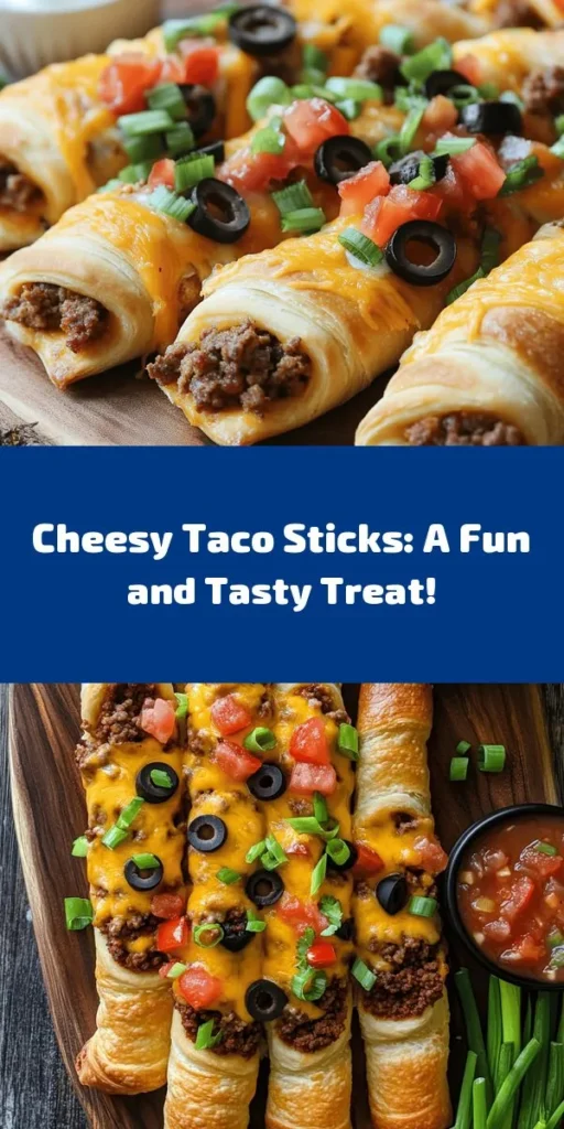 These Cheesy Taco Sticks are the perfect snack or appetizer for your next gathering! Made with taco-flavored cream cheese, shredded cheddar, seasoned ground beef, and fresh veggies, all wrapped in flaky crescent roll dough. They bake up crispy and golden in just 15 minutes. Serve them warm with sour cream and salsa for a deliciously cheesy treat that everyone will love. Great for parties or game day!