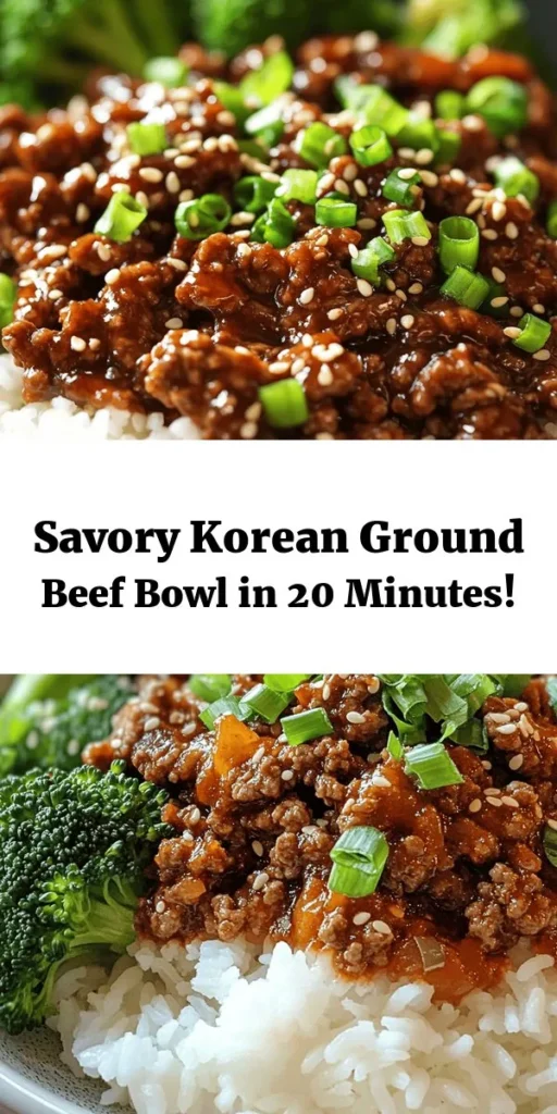 Indulge in a delicious Savory Korean Ground Beef Bowl that's quick to prepare and full of flavor! Made with ground beef marinated in a rich blend of soy sauce, brown sugar, ginger, and garlic, this dish comes together in just 20 minutes. Serve it over a bed of rice and complement it with steamed broccoli or your favorite veggies. Finish with green onions and sesame seeds for a perfect meal. Ideal for busy weeknights or when craving something tasty and satisfying!