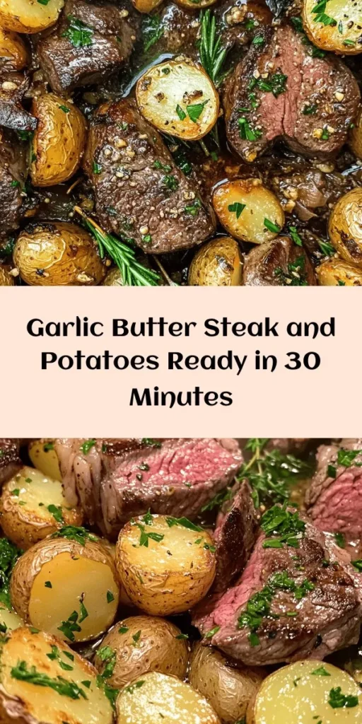 Indulge in the mouthwatering flavors of this Sizzling Garlic Butter Steak and Potatoes Skillet! Perfect for a cozy dinner, this one-pan recipe combines tender sirloin steak and crispy baby potatoes, all tossed in rich garlic butter and herbs. It's quick to make, taking just 30 minutes, and serves up to four. The ideal dish for impressing family and friends—serve warm straight from the skillet for a truly delightful meal!