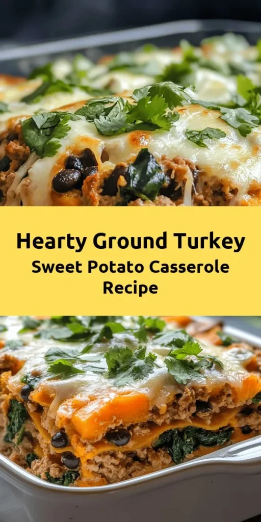 Looking for a hearty and healthy meal? Try this Ground Turkey Sweet Potato Casserole Delight! It's packed with protein and fiber, featuring ground turkey, sweet potatoes, black beans, and fresh spinach. With flavorful spices like cumin and smoked paprika, this dish is as tasty as it is nutritious. Top it off with melty mozzarella cheese and a dollop of Greek yogurt for creaminess. Perfect for a cozy family dinner, this recipe serves six and is easy to prepare. Enjoy!