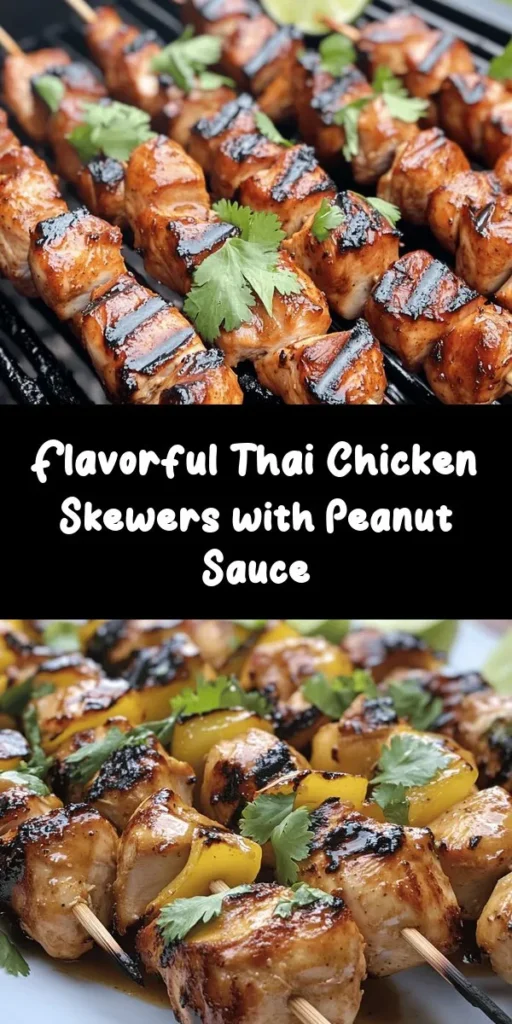 Enjoy the vibrant flavors of Thailand with these Easy Grilled Thai Chicken Skewers! Tender chicken thighs marinated in a delicious mix of soy sauce, fish sauce, garlic, and ginger are grilled to perfection. Paired with a creamy peanut sauce made from peanut butter and coconut milk, these skewers are perfect for a quick weeknight dinner or a fun backyard barbecue. Serve them warm with fresh cilantro and lime wedges for a refreshing finish. Dive into this mouthwatering recipe!