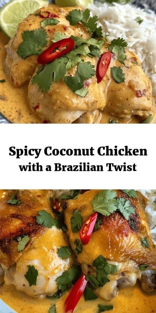 Discover the vibrant flavors of Brazil with this Spicy Brazilian Coconut Chicken recipe! Juicy chicken thighs are marinated in creamy coconut milk and a blend of spices for a deliciously tender meal. Sautéed onions and fresh chilies add depth, while a finishing touch of lime and cilantro brings brightness. Perfect for impressing guests or leveling up your weeknight dinner. Serve with lime wedges for that extra zing! Your taste buds will thank you!