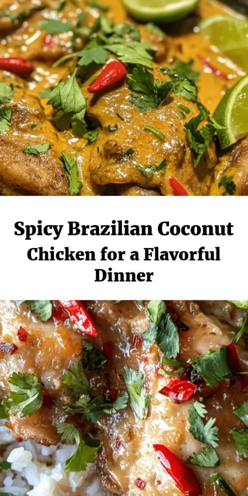 Discover a burst of flavors with this Spicy Brazilian Coconut Chicken recipe! Perfect for a weeknight dinner, this dish features tender chicken thighs marinated in lime and spices, then cooked in a creamy coconut milk sauce infused with garlic, ginger, and fresh chilies. Ready in just an hour, it’s a delightful mix of heat and sweetness, garnished with fresh cilantro. Serve it up with lime wedges for an extra zing! Enjoy a taste of Brazil at home!