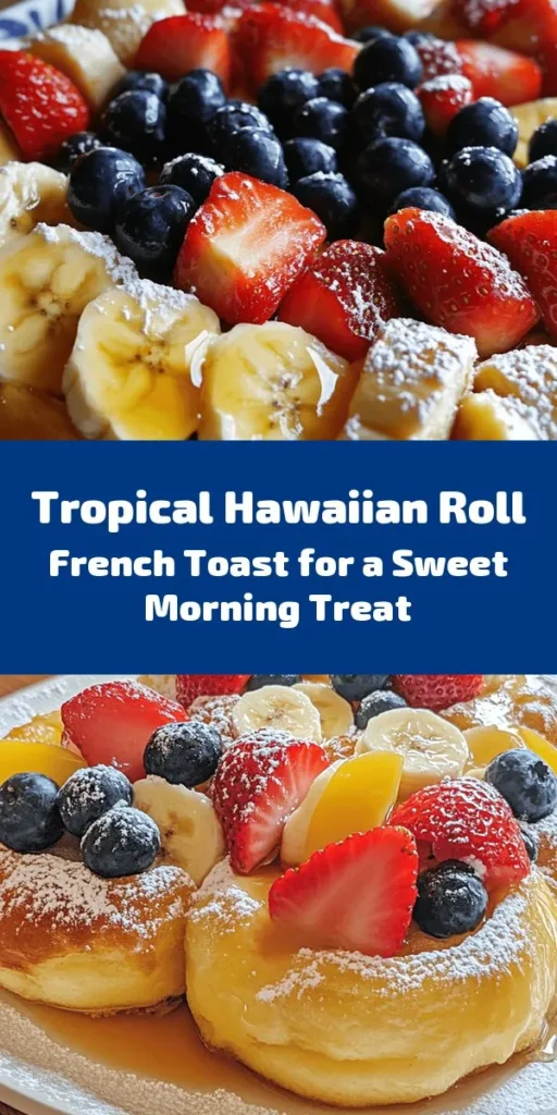 Indulge in a tropical treat with this Tropical Bliss Hawaiian Roll French Toast recipe! Made with sweet Hawaiian rolls soaked in a delightful egg mixture, this dish combines the richness of eggs and cinnamon with the sweetness of maple syrup and fresh fruit. Perfect for breakfast or brunch, it’s easy to prepare and ready in just 30 minutes. Top it off with powdered sugar for an extra touch of sweetness. Enjoy a delicious slice of paradise today!
