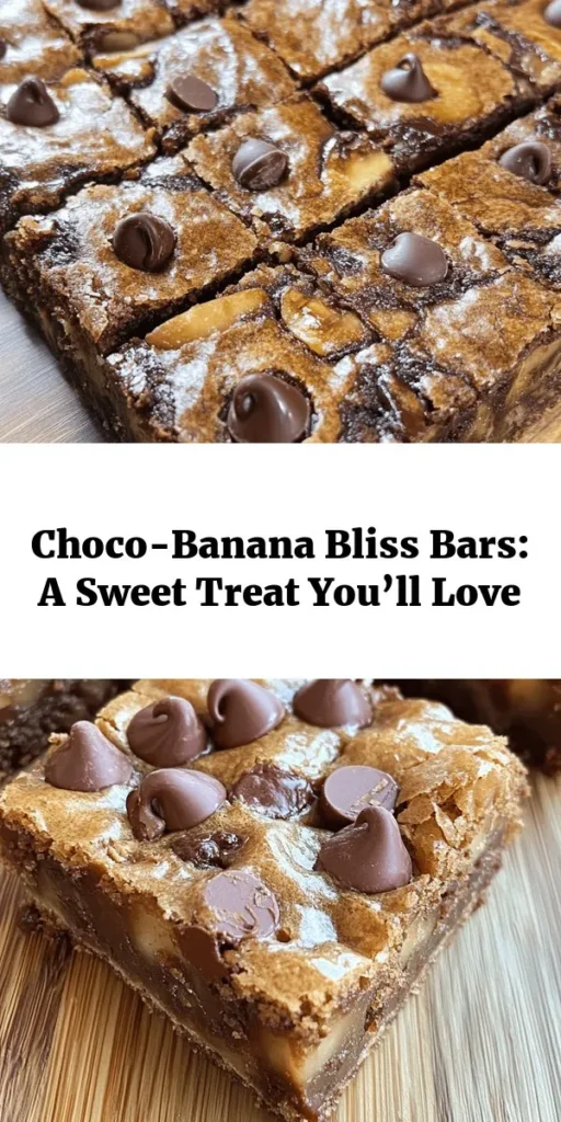 Indulge in the ultimate sweet treat with these Choco-Banana Bliss Bars! Perfectly combining the natural sweetness of ripe bananas with rich chocolate, this easy recipe is sure to be a hit. Made with simple ingredients like butter, brown sugar, and a hint of vanilla, these bars are quick to prepare and bake in just 25-30 minutes. Enjoy them as a snack or dessert, and don't forget to share with friends and family! Get ready for a blissful experience!