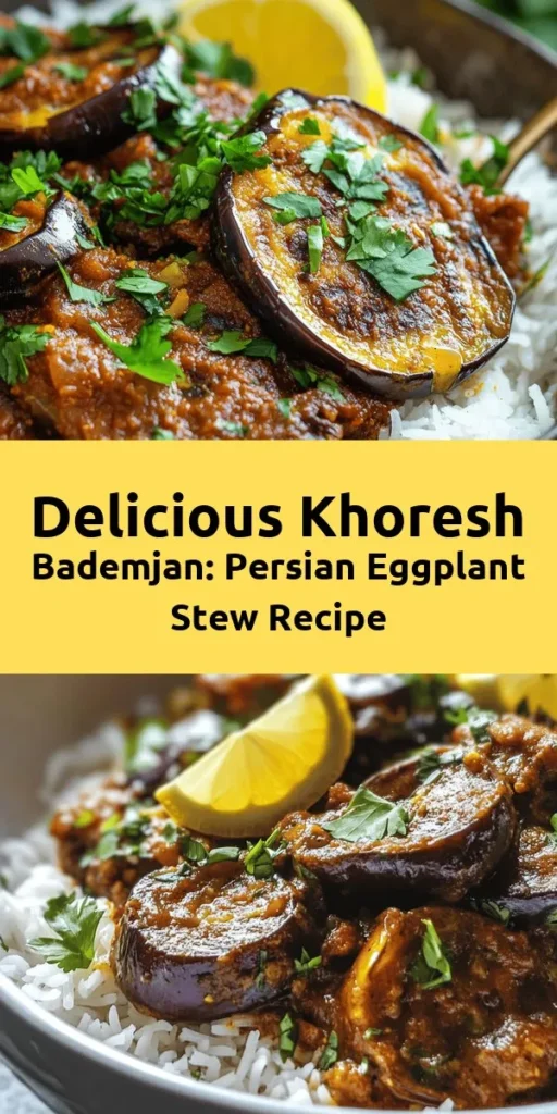 Discover the rich flavors of Khoresh Bademjan, a delightful Persian eggplant stew! This aromatic dish features tender lamb or beef simmered with spices like turmeric and cinnamon, complemented by golden fried eggplants and fresh herbs. Perfect for a cozy dinner, serve it over steamed basmati rice for a complete meal. With a prep time of just 20 minutes, you'll love how easy it is to bring a taste of Persia to your table. Enjoy every bite!