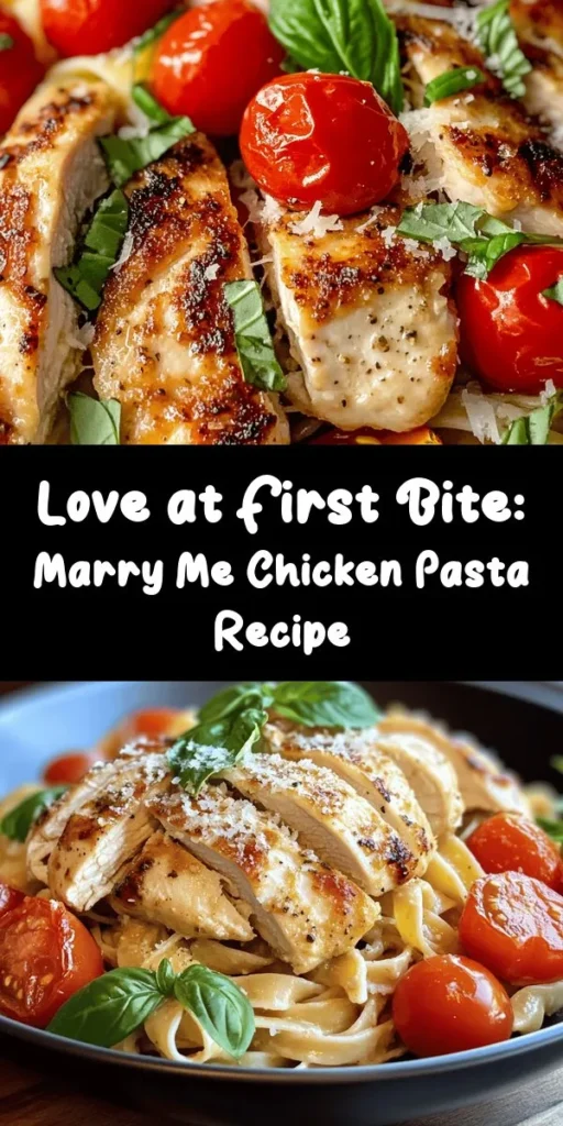 Whip up a romantic dinner with this Marry Me Chicken Pasta! Featuring tender chicken breasts seared to perfection and tossed in a rich garlic cream sauce with cherry tomatoes and Parmesan, this dish is sure to impress. Just 30 minutes is all you need for a delightful meal that serves four. Perfect for date nights or special occasions, this dish will have everyone falling in love. Don't forget the fresh basil garnish for that extra touch!