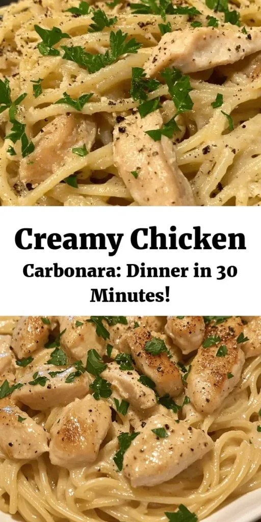 Dive into the creamy goodness of the best-ever chicken carbonara! This comforting pasta dish features tender chicken, crispy pancetta, and a rich sauce made with eggs, Parmesan, and heavy cream. In just 30 minutes, you’ll have a delicious meal ready to impress. Perfect for weeknight dinners or special occasions, this recipe is sure to become a family favorite. Garnish with fresh parsley and a sprinkle of black pepper for extra flavor!