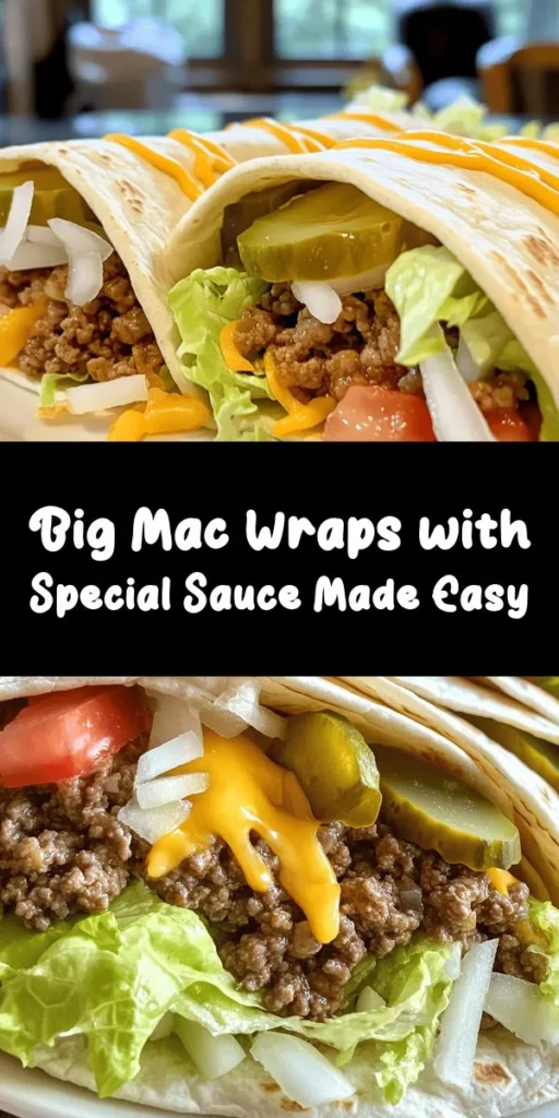 Indulge in these delicious homemade Big Mac wraps with a creamy special sauce that brings all the classic flavors to your kitchen! Made with perfectly seasoned ground beef, crisp lettuce, and all your favorite toppings, this easy recipe is perfect for a quick dinner or fun lunch option. Just wrap it up and enjoy! Plus, you can toast them for an extra crunch. Give it a try and serve with extra sauce for a flavorful twist on a fast-food favorite!