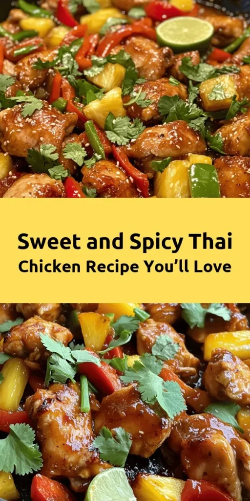 Indulge in the exquisite flavors of this Sweet and Spicy Thai Chicken! Featuring tender chicken thighs marinated in a delicious blend of soy sauce, honey, and Sriracha, this dish is packed with vibrant bell peppers and juicy pineapple. Quick to prepare, it’s perfect for weeknight dinners or gatherings. Serve it hot, garnished with fresh cilantro and lime, and enjoy a taste of Thailand at home! Perfect for a family feast or a cozy dinner.