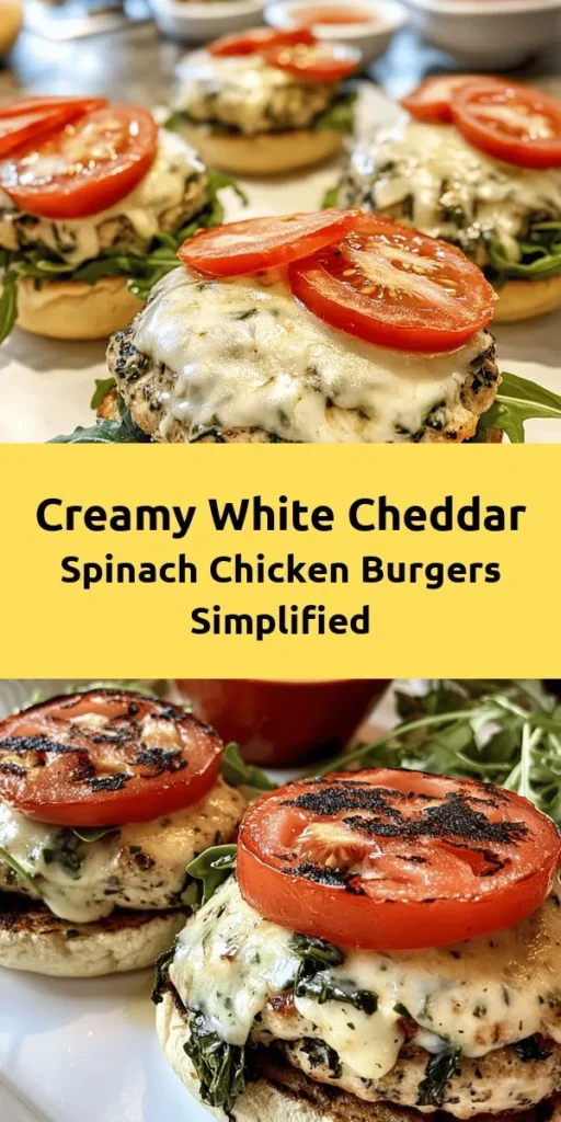 Try these delicious creamy white cheddar and spinach chicken burgers for a flavorful twist on your classic burger night! Made with ground chicken, fresh spinach, and tangy white cheddar, these juicy patties are easy to prepare and packed with flavor. In just 30 minutes, you can enjoy these healthy burgers topped with arugula and fresh tomatoes on toasted buns. Perfect for a quick weeknight dinner or a weekend BBQ. Don’t forget your favorite condiments!