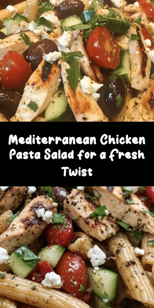 Looking for a vibrant and refreshing dish? Try this Mediterranean Chicken Pasta Salad! Combining tender grilled chicken, colorful vegetables, and creamy feta, it's a delicious fusion of flavors. Tossed in a zesty olive oil and red wine vinegar dressing, this salad is perfect for lunch, dinner, or picnics. Quick to prepare and ready in just 45 minutes, it serves 4-6. Enjoy it chilled or at room temperature for a delightful meal any time!