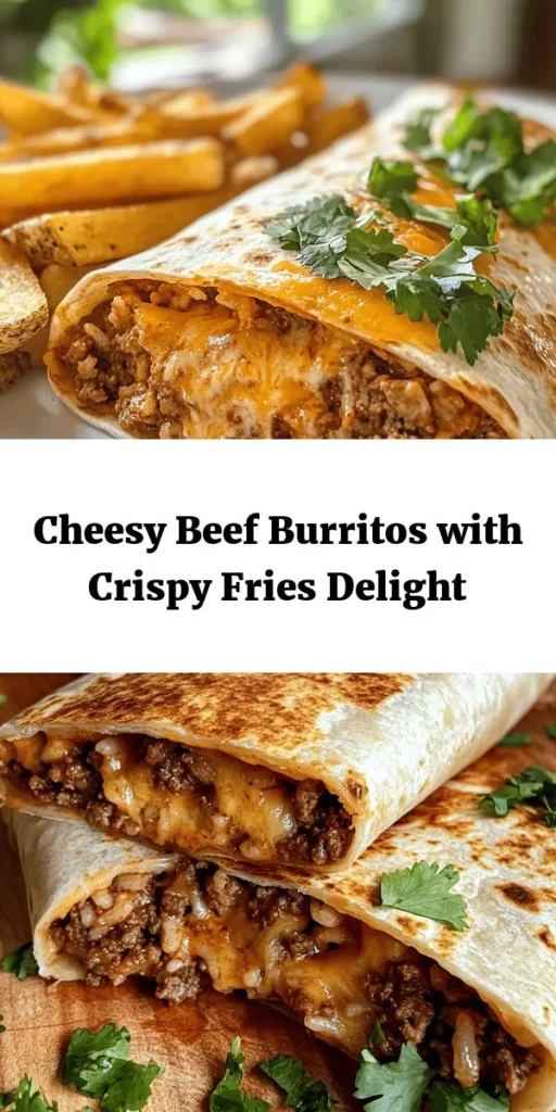 Dive into the deliciousness of these Cheesy Beef Burritos paired with perfectly crispy fries! This mouthwatering recipe features savory ground beef mixed with fragrant onions, garlic, rice, and refried beans, all wrapped in warm flour tortillas and melted cheddar cheese. Don't forget the crispy fries seasoned to perfection! Perfect for a family dinner or game day. Enjoy a hearty meal that's easy to make and even easier to love. 🍽️🌯🍟