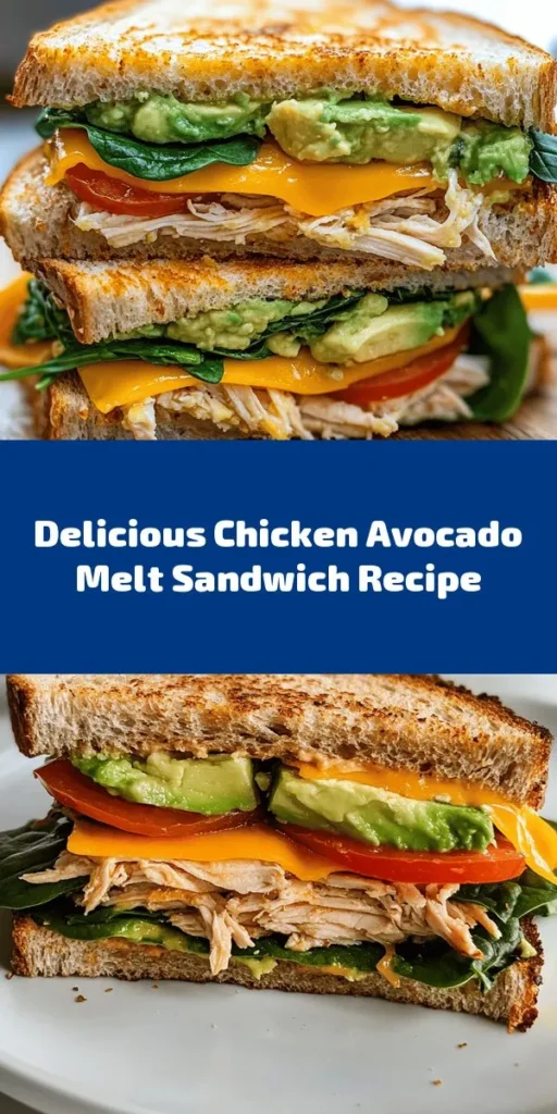 Indulge in a delicious Chicken Avocado Melt Sandwich that's perfect for a quick lunch or dinner! This recipe features tender shredded chicken seasoned to perfection, creamy mashed avocado, and gooey cheddar cheese all nestled between slices of whole grain bread. With fresh spinach, tomatoes, and optional mayo for extra flavor, this sandwich is not only tasty but also nutritious. Grilled to golden perfection, it's sure to satisfy. Enjoy with chips or a side salad for a complete meal!