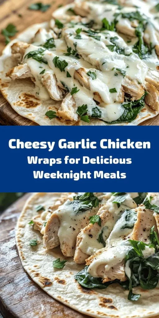 Indulge in these Cheesy Garlic Chicken Wraps! Perfect for a quick dinner or satisfying lunch, they're packed with tender chicken, gooey mozzarella, and fresh spinach, all wrapped in a warm tortilla. With just a few simple ingredients and easy steps, you can create a crispy, delicious meal in under 30 minutes. Great for meal prep or a cozy family night, serve them with your favorite dipping sauce for an extra zing!