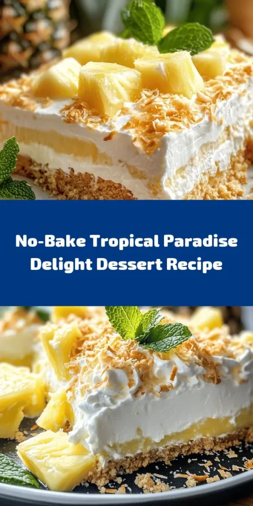 Dive into a tropical getaway with this no-bake Tropical Paradise Delight! With layers of creamy pineapple, whipped cream, and a crunchy graham cracker base, this dessert is a refreshing treat for any occasion. Made with crushed pineapple, cream cheese, and coconut flakes, it’s a perfect blend of flavors. Just chill, garnish with fresh pineapple and mint, and you're ready to serve a dessert that everyone will love. Enjoy this simple, delicious recipe!