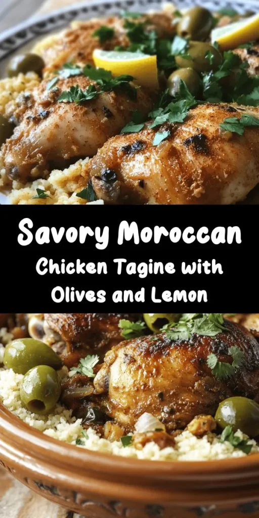 Experience a taste of Morocco with this flavorful Moroccan Chicken Tagine featuring olives and lemons. This dish combines tender chicken thighs with fragrant spices like cumin, coriander, and cinnamon, simmered to perfection with sautéed onions, garlic, and fresh ginger. Finish it off with zesty lemon and briny olives for a burst of flavor. Serve over fluffy couscous or rice for a delightful meal that will impress your family and friends. Perfect for any occasion!