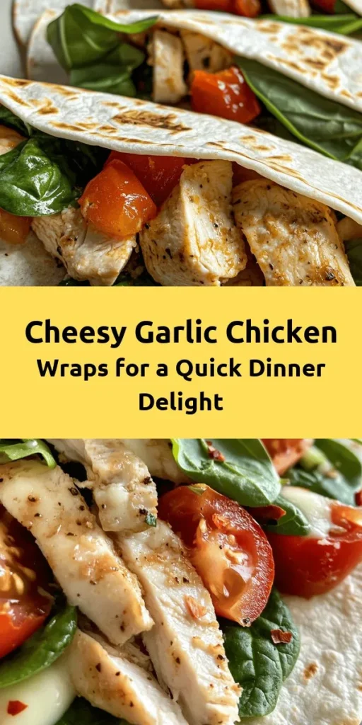 Get ready for a flavor explosion with these Cheesy Garlic Chicken Wraps! This easy and delicious recipe features juicy chicken breasts cooked to perfection, paired with melty mozzarella and parmesan cheeses. Fresh baby spinach, diced tomatoes, and a touch of garlic make these wraps irresistible. Perfect for a quick lunch or dinner, they come together in just 30 minutes. Roll them up, grill to crispy perfection, and enjoy every bite!