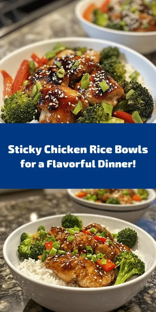 Savor the deliciousness of Sticky Chicken Rice Bowls! This simple recipe combines tender marinated chicken thighs with vibrant vegetables, served over fluffy jasmine rice. The sweet and savory sauce made from soy sauce, honey, and garlic guarantees a burst of flavor in every bite. Perfect for a weeknight dinner, these bowls are easy to prepare and sure to please the whole family. Don't forget to top with sesame seeds and scallions for that extra touch!