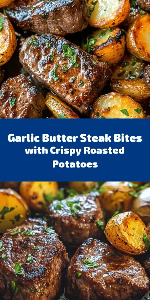 Indulge in a delicious dinner with these savory garlic butter steak bites and roasted potatoes! Tender sirloin steak cubes are seared to perfection and tossed in a rich garlic butter sauce with fresh herbs, served alongside golden roasted baby potatoes. This simple yet flavorful recipe takes just 50 minutes to prepare and cook, making it perfect for a weeknight meal or a special occasion. Easy to make and irresistibly tasty, your family will love it!