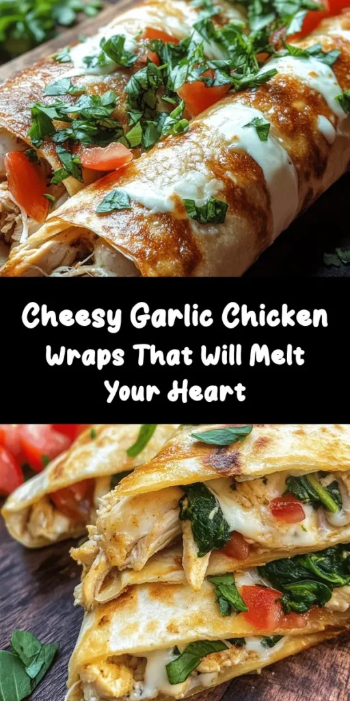 Indulge in these cheesy garlic chicken wraps that are perfect for a quick lunch or dinner! With tender shredded chicken, creamy mozzarella, and a hint of garlic, each bite is a delicious blend of flavors. Loaded with fresh spinach and juicy tomatoes, these wraps are as nutritious as they are satisfying. Plus, they're easy to make in just 30 minutes. Give your meal a tasty twist and enjoy a cheesy wrap that's sure to impress!
