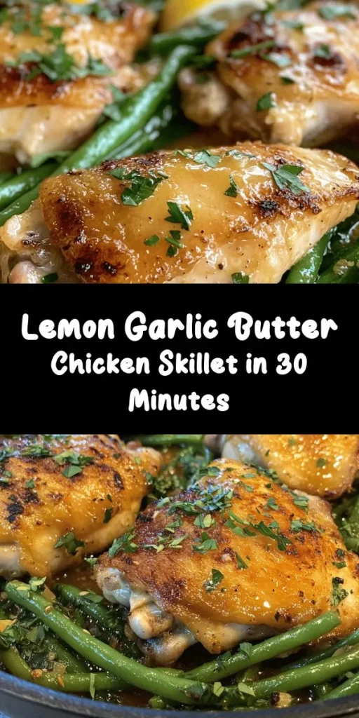 Savor the vibrant flavors of this Lemon Garlic Butter Chicken and Green Beans Skillet! This 30-minute dish features juicy chicken thighs perfectly seasoned and sautéed in a luscious garlic butter sauce, paired with fresh green beans. The burst of lemon juice and zest elevates the taste, making it a standout meal. Perfect for a quick weeknight dinner, serve it up with a sprinkle of parsley for a fresh finish. Enjoy this delicious and easy-to-make recipe!
