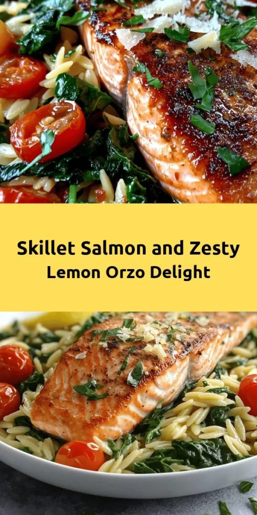 Elevate your weeknight dinner with this One Skillet Salmon with Zesty Lemon Orzo! This delicious dish comes together in just 30 minutes and is packed with flavor. Crispy salmon fillets are paired with a creamy orzo cooked in savory broth, tossed with fresh spinach and juicy cherry tomatoes. Finished with a splash of lemon juice and topped with parsley and Parmesan, it's a meal your family will love. Perfect for busy nights or a cozy dinner in!