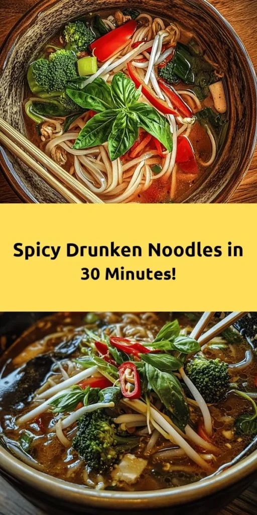 Spice up your dinner with this delicious Spicy Drunken Noodles Delight! This quick and flavorful recipe combines wide rice noodles with vibrant veggies like red bell pepper, broccoli, and carrots, all tossed in a savory sauce featuring soy, oyster, and fish sauces, balanced with a hint of lime. Customize it with your choice of protein—chicken, shrimp, or tofu. Perfect for a hearty meal in just 30 minutes, it's sure to impress!