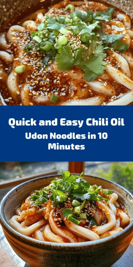 Looking for a quick and tasty meal? Try these 10-Minute Chili Oil Udon Noodles! Made with fresh udon noodles and a spicy-savory sauce of chili oil, soy sauce, and rice vinegar, this dish is ready in no time. Just boil, mix, and garnish with green onions and sesame seeds for a burst of flavor. Perfect for a busy weeknight or a quick lunch. Enjoy your delicious homemade noodles in just 10 minutes!