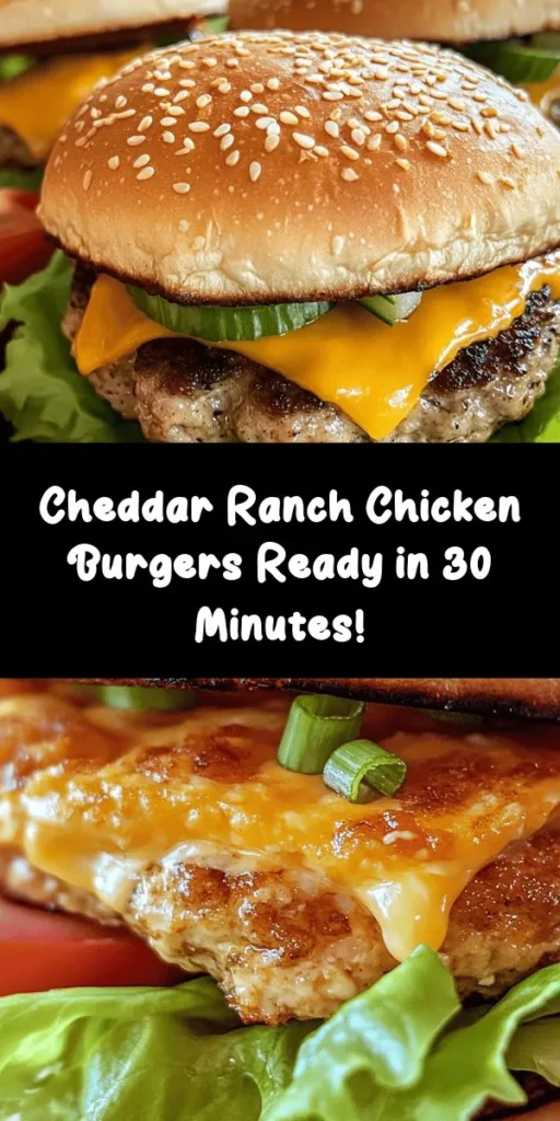 Get ready for a mouthwatering meal with these Easy Cheddar Ranch Chicken Burgers! Juicy ground chicken mixed with sharp cheddar cheese and zesty ranch seasoning creates the perfect patty that's bursting with flavor. In just 30 minutes, you can serve up four delicious burgers complete with your favorite toppings. Perfect for a quick weeknight dinner or a weekend barbecue, these burgers are sure to impress family and friends! Enjoy the cheesy, ranch goodness!