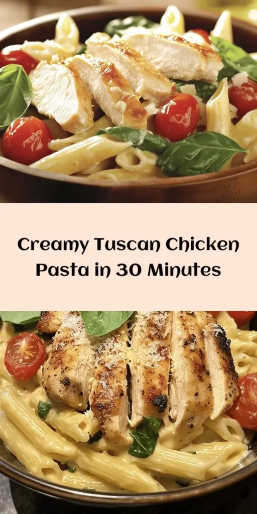 Indulge in the rich flavors of Tuscan Chicken Pasta Delight! This creamy and savory dish combines tender chicken breasts, fresh spinach, juicy cherry tomatoes, and al dente penne pasta in a luscious Parmesan cream sauce. Perfect for a cozy family dinner or impressing guests. With just 30 minutes of prep and cooking time, you'll have a delicious meal ready to enjoy. Don't forget to garnish with fresh basil for that extra touch!