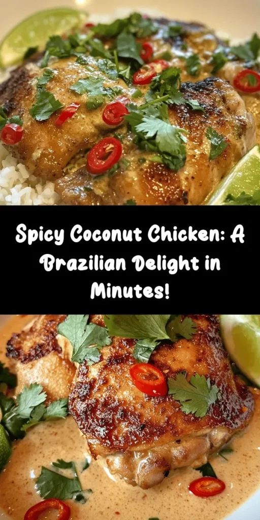 Discover the vibrant flavors of Brazil with this Spicy Brazilian Coconut Chicken! This easy recipe features succulent chicken thighs marinated in creamy coconut milk, zesty lime, and spicy chilies. You'll sear the chicken to perfection and let it simmer with aromatic onions, creating a savory sauce that's irresistible. Ready in just an hour, it's perfect for a weeknight meal or special occasion. Serve with rice or quinoa and garnish with fresh cilantro and lime wedges for a delicious experience. Enjoy a taste of the tropics any night!