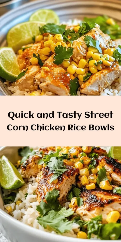 Enjoy a delightful and easy meal with this Street Corn Chicken Rice Bowl recipe! Perfect for busy weeknights, this dish combines tender chicken thighs, sweet corn, and fluffy jasmine rice, all seasoned with chili powder and lime juice for a burst of flavor. Garnish with fresh cilantro and serve with lime wedges for an extra zing. With just 25 minutes of total prep and cook time, you’ll have a tasty, satisfying dinner in no time!