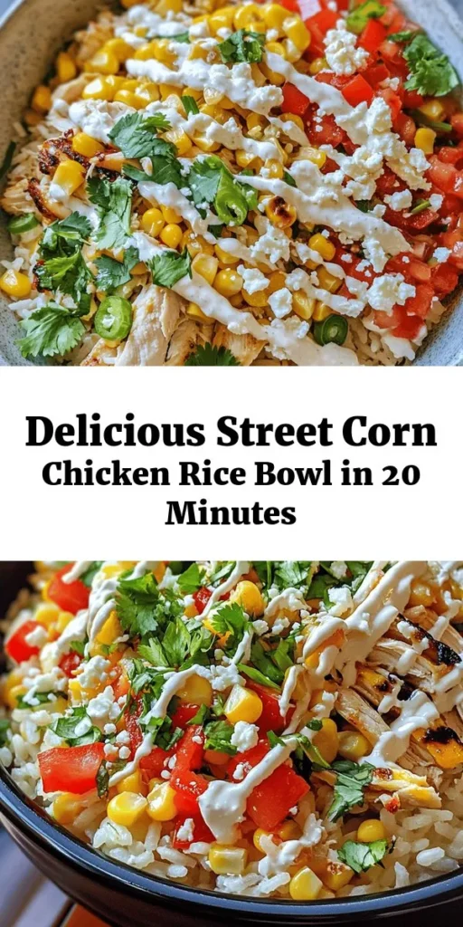 Try this Easy Street Corn Chicken Rice Bowl for a quick and delicious meal! With just 10 minutes of prep, you can enjoy a flavorful combination of shredded rotisserie chicken, sweet corn, fresh bell peppers, and creamy feta cheese. Toss everything in a zesty dressing and serve it over your choice of rice. Perfect for busy nights or meal prep, this bowl is not only satisfying but also packed with vibrant ingredients. Garnish with cilantro for an extra touch!