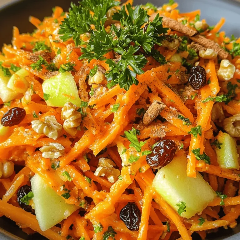 Introducing the Crunchy Carrot Apple Delight, a refreshing and nutritious dish that is perfect for a variety of occasions, from casual family dinners to elegant gatherings. This vibrant recipe combines the natural sweetness of apples with the earthiness of carrots, creating a delightful salad that is both visually appealing and satisfying to the palate. The contrasting textures of the crunchy carrots and crisp apples, paired with the added crunch of nuts, make this dish not only a feast for the eyes but also a wholesome choice for health-conscious eaters.