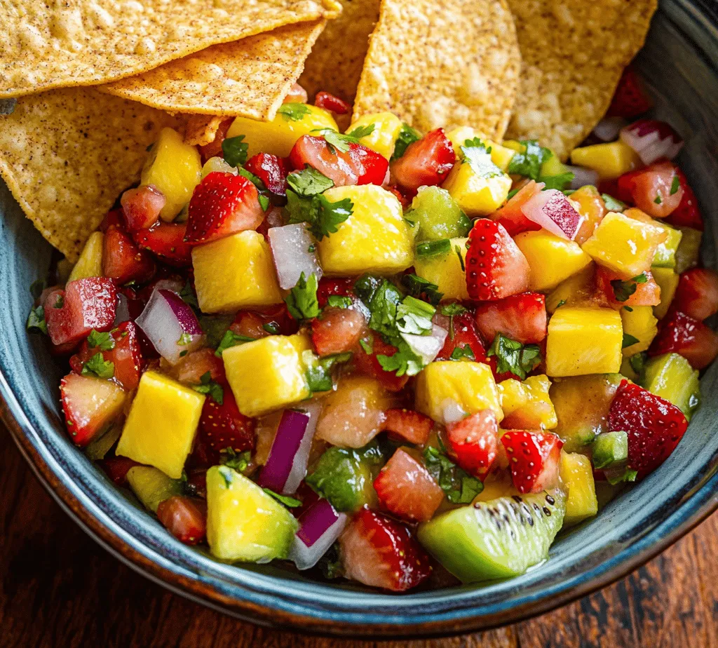 As the summer sun shines brightly, the craving for fresh, vibrant flavors becomes almost irresistible. There’s something inherently refreshing about incorporating seasonal fruits into your meals. One of the most delightful ways to enjoy these natural flavors is by making <strong>Tropical Fruit Salsa with Cinnamon Chips</strong>. This dish effortlessly combines sweet and tangy fruits with a crunchy, cinnamon-sugar coating, making it a perfect treat for hot days, gatherings, and outdoor picnics.” /></p>
</p>
<h2>Step-by-Step Instructions for Fruit Salsa</h2>
</p>
<p>Creating a vibrant Tropical Fruit Salsa is an exciting culinary adventure that allows you to explore a medley of flavors and textures. Follow these detailed steps to prepare your fruit salsa perfectly.</p>
</p>
<h3>Preparing the Fruit Salsa</h3>
</p>
<p>1. <strong>Select Your Fruits</strong>: Begin by choosing ripe tropical fruits. Ideal options include pineapple, mango, kiwi, strawberries, and red bell peppers. Freshness is key, as it greatly affects the flavor of your salsa.</p>
</p>
<p>2. <strong>Washing the Fruits</strong>: Rinse all fruits under cold water. This is especially important for fruits with skins, such as kiwi and mango, to remove any residual pesticides.</p>
</p>
<p>3. <strong>Chopping Techniques</strong>:</p>
<p>– <strong>Pineapple</strong>: Cut off the crown and base of the pineapple to create a stable base. Stand it upright and slice downwards to remove the outer skin. Once peeled, cut the fruit into quarters, remove the core, and dice into small chunks.</p>
<p>– <strong>Mango</strong>: Use a sharp knife to slice down both sides of the pit. Score the flesh in a grid pattern without cutting through the skin, then scoop it out with a spoon.</p>
<p>– <strong>Kiwi</strong>: Cut off both ends and slide a knife between the skin and the flesh to peel it. Slice it into rounds and then into smaller pieces.</p>
<p>– <strong>Strawberries</strong>: Remove the green tops and slice them into quarters for even distribution in the salsa.</p>
<p>– <strong>Red Bell Pepper</strong>: Cut in half, remove seeds, and dice into small pieces.</p>
</p>
<p>4. <strong>Mixing the Ingredients</strong>: In a large mixing bowl, combine all your chopped fruits. Gently fold them together with a spatula to avoid bruising the softer fruits.</p>
</p>
<p>5. <strong>Enhancing the Flavor</strong>: Add lime juice and a pinch of salt to the mixture. The acidity from the lime juice helps to brighten the flavors while the salt enhances sweetness. For an extra kick, consider adding finely chopped jalapeños or a touch of honey.</p>
</p>
<p>6. <strong>Letting Flavors Meld</strong>: Cover the bowl with plastic wrap and let the salsa sit in the refrigerator for at least 30 minutes. This time allows the flavors to meld beautifully, creating a harmonious blend that is both refreshing and delicious.</p>
</p>
<h3>Importance of Refrigeration Time</h3>
</p>
<p>Refrigeration is crucial not only for food safety but also for flavor enhancement. As the salsa chills, the fruits release their juices, which combine with the lime and salt, resulting in a juicier and tastier salsa. The longer you let it sit (up to two hours), the more pronounced the flavors become.</p>
</p>
<h2>Step-by-Step Instructions for Cinnamon Chips</h2>
</p>
<p>While your tropical fruit salsa is chilling, you can prepare the delectable cinnamon chips that will serve as the perfect accompaniment.</p>
</p>
<h3>Making Cinnamon Chips</h3>
</p>
<p>1. <strong>Preheat the Oven</strong>: Preheat your oven to 350°F (175°C). This step is important, as starting with a hot oven ensures that the chips will bake evenly and achieve that desired crispiness.</p>
</p>
<p>2. <strong>Preparing the Tortillas</strong>:</p>
<p>– Use flour or corn tortillas, depending on your preference.</p>
<p>– Brush one side of each tortilla with melted butter or a cooking spray for a lighter option.</p>
</p>
<p>3. <strong>Coating with Cinnamon Sugar</strong>: In a small bowl, mix together 1/4 cup of granulated sugar and 1 tablespoon of ground cinnamon. Sprinkle this mixture evenly over the buttered side of the tortillas.</p>
</p>
<p>4. <strong>Cutting the Tortillas</strong>: Stack the tortillas, then cut them into triangles or strips. For optimal texture, aim for uniform sizes, which will ensure they bake evenly.</p>
</p>
<p>5. <strong>Baking the Chips</strong>: Arrange the tortilla pieces in a single layer on a baking sheet lined with parchment paper. Bake in the preheated oven for about 10-15 minutes, flipping them halfway through to promote even browning. Watch closely, as baking times may vary by oven.</p>
</p>
<p>6. <strong>Indicators for Perfect Crispiness</strong>: The chips are done when they are golden brown and crisp to the touch. Remove them from the oven and let them cool on the baking sheet. They will continue to crisp up as they cool.</p>
</p>
<p>7. <strong>Cooling Process</strong>: Allow the chips to cool completely before serving. This step is crucial, as the cooling process helps them achieve the right crunch.</p>
</p>
<h2>Serving Suggestions and Pairing Ideas</h2>
</p>
<p>Presenting your Tropical Fruit Salsa and Cinnamon Chips creatively can elevate your dining experience. Here are some delightful serving suggestions:</p>
</p>
<p>1. <strong>Charming Presentation</strong>: Serve the fruit salsa in a colorful bowl surrounded by cinnamon chips arranged in a fan shape. Garnish with a sprig of mint for a pop of color.</p>
</p>
<p>2. <strong>Pairing with Beverages</strong>:</p>
<p>– Consider pairing your salsa and cinnamon chips with refreshing tropical smoothies, iced tea, or even coconut water for a complementary flavor experience.</p>
<p>– For a more adult twist, a light white wine spritzer can also enhance the dish’s fruity notes.</p>
</p>
<p>3. <strong>Incorporating Salsa into Meals</strong>:</p>
<p>– You can use the salsa as a topping for yogurt or cottage cheese for a nutritious breakfast or snack.</p>
<p>– Add it to a fresh green salad as a zesty dressing alternative, or serve it alongside grilled chicken or fish for a flavorful twist.</p>
</p>
<h2>Health Benefits of Tropical Fruits</h2>
</p>
<p>The fruits used in this Tropical Fruit Salsa offer a plethora of health benefits that make your snack both delicious and nutritious.</p>
</p>
<p>1. <strong>Vitamins and Minerals</strong>: Tropical fruits such as pineapple, mango, and kiwi are rich in vitamins A and C, as well as essential minerals like potassium and magnesium. These vitamins contribute to immune function, skin health, and overall wellness.</p>
</p>
<p>2. <strong>Balanced Diet Contributions</strong>: Incorporating fruits into your diet plays a vital role in preventing chronic diseases. They are high in fiber, which aids in digestion and helps maintain a healthy weight. The natural sugars found in fruits provide a healthier alternative to processed snacks.</p>
</p>
<p>3. <strong>Homemade vs. Store-Bought</strong>: Choosing to make your snacks at home allows you to control the ingredients, ensuring that you avoid unnecessary preservatives and added sugars often found in store-bought options. This homemade Tropical Fruit Salsa and Cinnamon Chips not only taste better but also align with a healthier lifestyle.</p>
</p>
<h2>Conclusion</h2>
</p>
<p>The delightful combination of flavors and textures in Tropical Fruit Salsa with Cinnamon Chips will transport your taste buds to a sunny paradise. The refreshing salsa, bursting with tropical fruit goodness, paired with the warm, sweet crunch of cinnamon chips, makes for a perfect snack or appetizer.</p>
</p>
<p>Creating fresh, healthy snacks at home is not only rewarding but also a wonderful way to enjoy the summer bounty of fruits. We encourage you to explore this recipe and consider experimenting with different fruits to customize your salsa. May your culinary adventures be filled with vibrant flavors and joyful moments shared with family and friends!</p>
<div id=