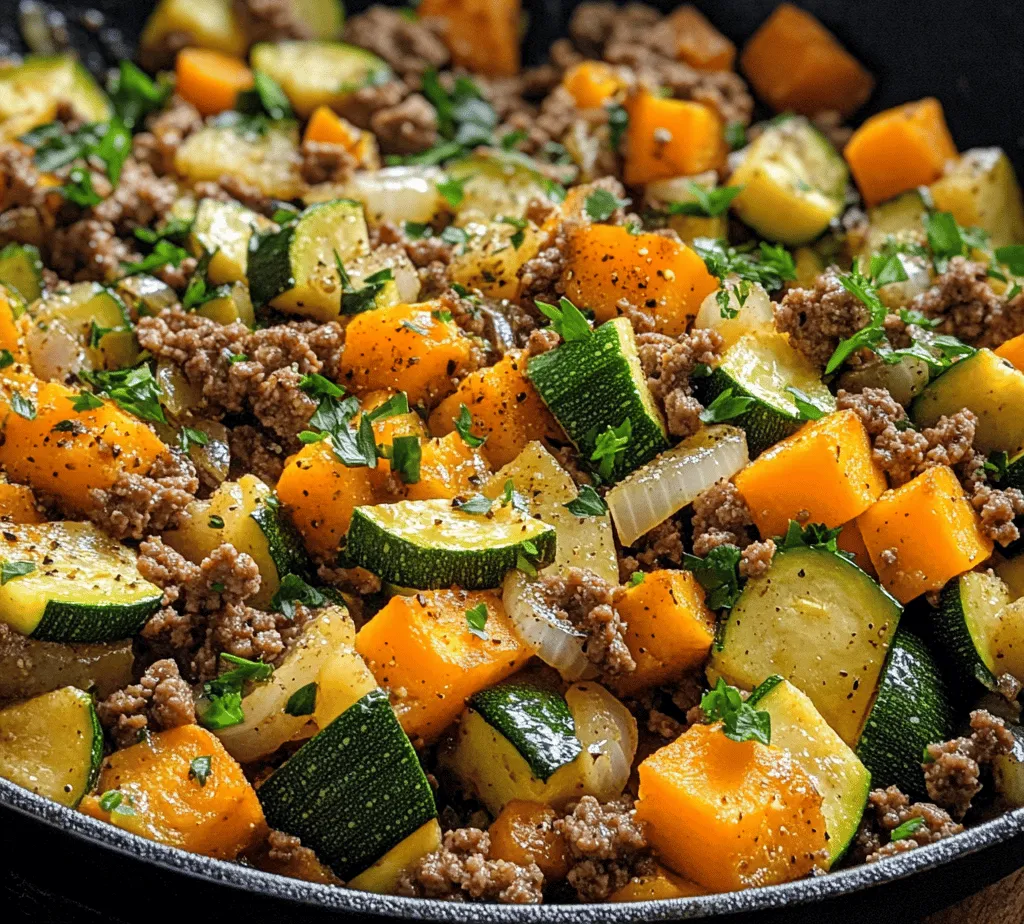 In the world of home cooking, few dishes are as enticing as a savory skillet meal. The <strong>Savory Ground Beef Zucchini Sweet Potato Skillet</strong> is not only a one-pan wonder but also a delightful blend of flavors and textures that can satisfy even the pickiest eaters. This dish combines the heartiness of ground beef with the subtle sweetness of sweet potatoes and the freshness of zucchini, creating a balanced meal that is both nutritious and delicious.” /></p>
</p>
<h3>Best Practices for Browning Ground Beef</h3>
</p>
<p>Browning ground beef is a critical step that sets the foundation for a flavorful dish. To achieve the perfect sear, start by using a skillet that retains heat well, like cast iron or stainless steel. Preheat the skillet over medium-high heat before adding the ground beef. Avoid overcrowding the pan, as this can create steam rather than allowing the beef to brown. Instead, work in batches if necessary. Allow the beef to sit undisturbed for a couple of minutes before stirring; this will help develop a rich, caramelized crust that enhances the dish’s overall flavor.</p>
</p>
<h3>Importance of Seasoning During Cooking</h3>
</p>
<p>Seasoning is not just an afterthought; it’s essential to layer flavors throughout the cooking process. As you brown the ground beef, season it lightly with salt and pepper. This early seasoning draws out moisture and enhances the beef’s natural flavors. Once you add the aromatics and vegetables, continue to taste and adjust the seasoning. Remember, seasoning at different stages builds depth and complexity, making the dish more satisfying.</p>
</p>
<h3>Incorporating Aromatics</h3>
</p>
<p>Aromatics, such as onion and garlic, are key players in elevating the flavor profile of your savory ground beef zucchini sweet potato skillet. To start, dice the onion and mince the garlic. The technique and timing for adding these ingredients matter significantly.</p>
</p>
<h3>Timing and Technique for Adding Onion and Garlic</h3>
</p>
<p>Once the ground beef is browned and has released its fat, push it to one side of the skillet. Add the diced onion to the cleared space, allowing it to sauté in the residual fat. This technique not only softens the onion but also infuses the dish with its sweet and savory flavors. After about 2-3 minutes, when the onion becomes translucent, add the minced garlic. Garlic cooks quickly and can burn easily, so it should only be added shortly before incorporating the remaining vegetables. Sauté for an additional 30-60 seconds, just until fragrant, to achieve that aromatic richness without the bitterness that burnt garlic can impart.</p>
</p>
<h3>How This Step Builds Flavor Complexity</h3>
</p>
<p>By sautéing the aromatics in the same pan used for browning the beef, you’re capturing all those delicious browned bits stuck to the bottom—known as fond. When the onions and garlic are added, they absorb these flavors and contribute to a complex base that will enhance every bite of your skillet dish.</p>
</p>
<h3>Adding Remaining Vegetables</h3>
</p>
<p>After the aromatics are tender and aromatic, it’s time to add the remaining vegetables—zucchini and sweet potato. Cut the sweet potato into small, even pieces to ensure they cook at the same rate as the zucchini. Smaller pieces will cook faster and allow for a uniform texture in the final dish.</p>
</p>
<h3>Techniques for Ensuring All Ingredients Are Cooked Perfectly</h3>
</p>
<p>To ensure all ingredients are cooked perfectly, stir the vegetables into the skillet, coating them with the seasoned beef and aromatics. Cover the skillet with a lid for a few minutes. This will create steam, helping the sweet potatoes cook through without burning the zucchini. After about 5-7 minutes, remove the lid and stir occasionally to prevent sticking and ensure even cooking. Use a fork to check the tenderness of the sweet potatoes; they should be fork-tender but not mushy.</p>
</p>
<h3>Adjusting Cooking Times Based on Vegetable Size</h3>
</p>
<p>Keep in mind that the size of your vegetable pieces can drastically affect cooking time. If you prefer larger chunks of sweet potato for a more rustic texture, be prepared to add extra cooking time. Always adjust your cooking approach based on the size and type of vegetables used, as this will help you achieve the desired results without overcooking or undercooking any components.</p>
</p>
<h3>Cooking Techniques and Tips</h3>
</p>
<h4>Skillet Cooking Basics</h4>
</p>
<p>Skillet cooking is a straightforward yet effective method that allows for quick meal preparation. The one-pan approach means fewer dishes to clean and often results in better flavor integration as all ingredients meld together during cooking.</p>
</p>
<h4>Benefits of Using a Skillet for One-Pan Meals</h4>
</p>
<p>Using a skillet for one-pan meals like this savory ground beef zucchini sweet potato dish offers numerous advantages. The wide surface area promotes even cooking and browning, while the ability to move ingredients around easily allows for better heat distribution. This results in a dish that is not only tasty but also visually appealing.</p>
</p>
<h4>Recommended Skillet Types for Best Results</h4>
</p>
<p>For best results, consider using a heavy-bottomed skillet, such as cast iron or non-stick. Cast iron skillets are excellent for high heat and browning, while non-stick pans prevent the risk of sticking and make for easier cleanup. Whichever type you choose, ensure it’s large enough to accommodate the ingredients without crowding.</p>
</p>
<h3>Flavor Development</h3>
</p>
<h4>The Role of Spices (Smoked Paprika, Cumin) in Flavor Enhancement</h4>
</p>
<p>The addition of spices like smoked paprika and cumin brings warmth and depth to your skillet dish. Smoked paprika offers a subtle smokiness that enhances the savory notes of the beef, while cumin adds an earthy flavor that complements the sweetness of the potatoes and zucchini. These spices should be added after the vegetables have started to soften but before the dish is fully cooked, allowing them to bloom and release their full aroma.</p>
</p>
<h4>Tips for Balancing Flavors and Seasoning</h4>
</p>
<p>Tasting as you go is crucial in achieving a well-balanced dish. Start with the foundational seasonings and incrementally add spices, tasting after each addition. If the dish feels too salty or spicy, introduce a splash of acidity, such as lemon juice or vinegar, to brighten the flavors. Fresh herbs like parsley or cilantro can also add a fresh finish just before serving.</p>
</p>
<h3>Serving Suggestions</h3>
</p>
<h4>Presentation Ideas for the Skillet Dish</h4>
</p>
<p>When ready to serve, consider the presentation of your skillet dish. A cast iron skillet has a rustic appeal and can be served directly from the stove to the table, making it an impressive centerpiece. Garnish with freshly chopped herbs or a dollop of sour cream or Greek yogurt for added creaminess and visual appeal.</p>
</p>
<h4>Complementary Side Dishes or Salads</h4>
</p>
<p>Pair your savory ground beef zucchini sweet potato skillet with complementary side dishes. A light salad with mixed greens, cherry tomatoes, and a vinaigrette can balance the richness of the skillet dish. Alternatively, consider serving it alongside quinoa or brown rice for added fiber and protein.</p>
</p>
<h4>Suggestions for Variations</h4>
</p>
<p>Feel free to adapt this recipe to suit your preferences or dietary restrictions. Swap out ground beef for ground turkey or chicken for a leaner option. You can also experiment with different vegetables such as bell peppers, carrots, or even leafy greens like spinach or kale. The key is to maintain a balance of textures and flavors while keeping the dish nutritious.</p>
</p>
<h3>Health and Nutrition Insights</h3>
</p>
<h4>Analysis of the Dish’s Nutritional Profile Per Serving</h4>
</p>
<p>Each serving of this savory ground beef zucchini sweet potato skillet is packed with nutrients. Ground beef provides protein, while sweet potatoes offer complex carbohydrates and fiber. Zucchini adds hydration and vitamins A and C. Overall, this dish is a well-rounded meal that supports energy and health.</p>
</p>
<h4>Benefits of Using Whole, Fresh Ingredients</h4>
</p>
<p>Using whole, fresh ingredients not only enhances the flavor but also ensures your meal is free from preservatives and artificial additives. Fresh vegetables are rich in vitamins and minerals that support your overall health, making this dish a great choice for anyone looking to eat clean.</p>
</p>
<h4>How This Recipe Fits Into Various Dietary Lifestyles</h4>
</p>
<p>This recipe is versatile and fits well into various dietary lifestyles, such as low-carb and paleo. The absence of grains and processed ingredients makes it suitable for those following a ketogenic diet as well. It provides a satisfying meal without compromising nutritional value.</p>
</p>
<h3>Conclusion</h3>
</p>
<p>This savory ground beef zucchini sweet potato skillet is more than just a meal; it’s a celebration of fresh ingredients and rich flavors. Its quick preparation and nutritious components make it a fantastic option for busy weeknights or family gatherings. We encourage you to try this recipe and make it your own by experimenting with different proteins and vegetables.</p>
</p>
<p>Cooking with fresh ingredients not only enhances the taste of your dishes but also fosters a sense of joy and community when shared with loved ones. So gather your ingredients, grab your skillet, and enjoy the delightful experience of creating and sharing a delicious meal.</p>
<div id=