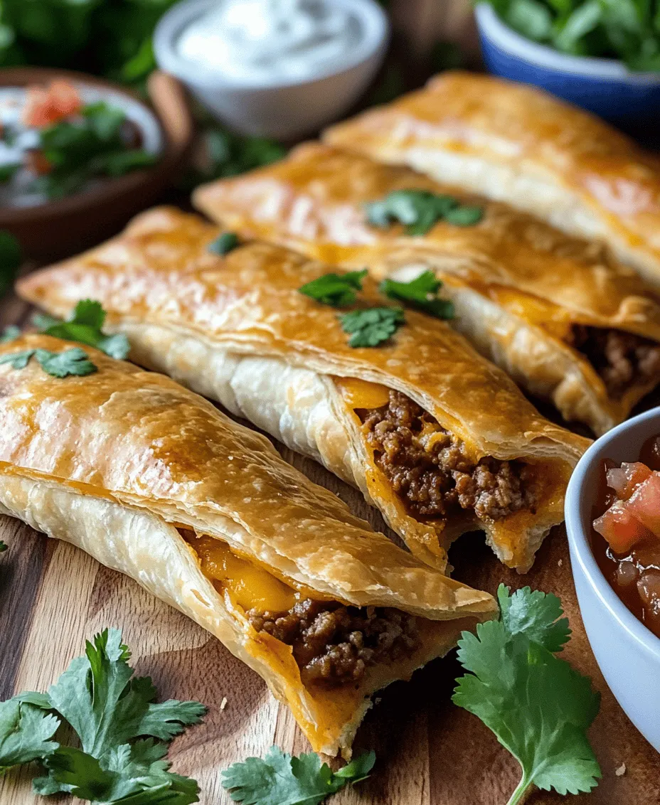 Cheesy Taco Sticks are a fusion dish that perfectly embodies the spirit of Mexican cuisine while adding a unique twist through the use of puff pastry. The flavor profile is a harmonious blend of savory, cheesy, and slightly spicy, with each bite offering a satisfying combination of textures. The flaky puff pastry envelops a hearty filling of seasoned ground beef or turkey, complemented by the creaminess of melted cheddar and mozzarella cheese.