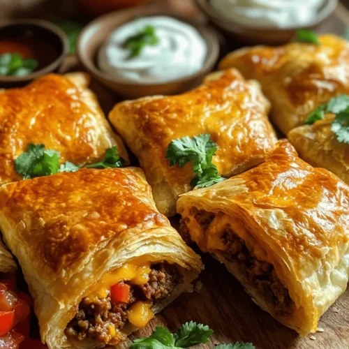 Cheesy Taco Sticks are a fusion dish that perfectly embodies the spirit of Mexican cuisine while adding a unique twist through the use of puff pastry. The flavor profile is a harmonious blend of savory, cheesy, and slightly spicy, with each bite offering a satisfying combination of textures. The flaky puff pastry envelops a hearty filling of seasoned ground beef or turkey, complemented by the creaminess of melted cheddar and mozzarella cheese.