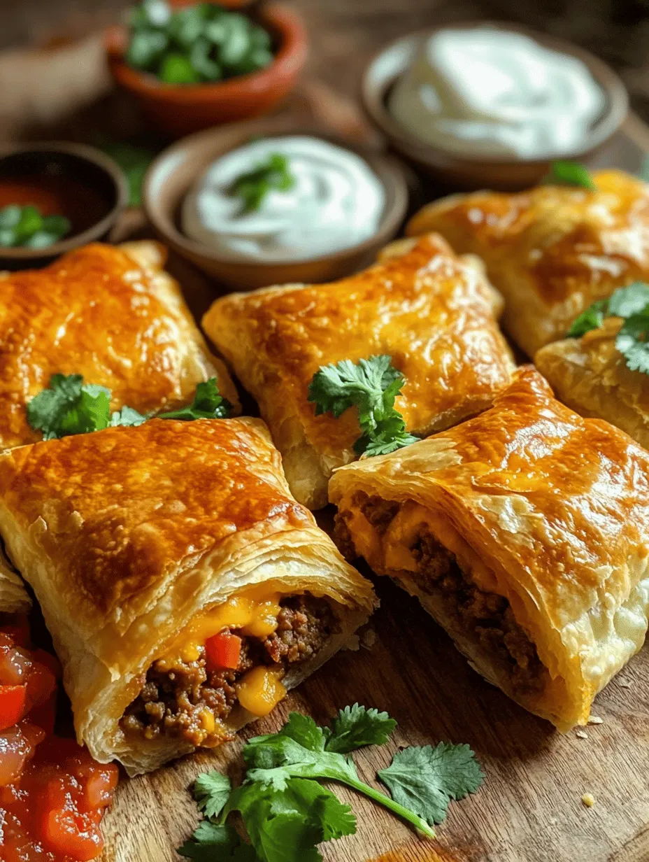Cheesy Taco Sticks are a fusion dish that perfectly embodies the spirit of Mexican cuisine while adding a unique twist through the use of puff pastry. The flavor profile is a harmonious blend of savory, cheesy, and slightly spicy, with each bite offering a satisfying combination of textures. The flaky puff pastry envelops a hearty filling of seasoned ground beef or turkey, complemented by the creaminess of melted cheddar and mozzarella cheese.