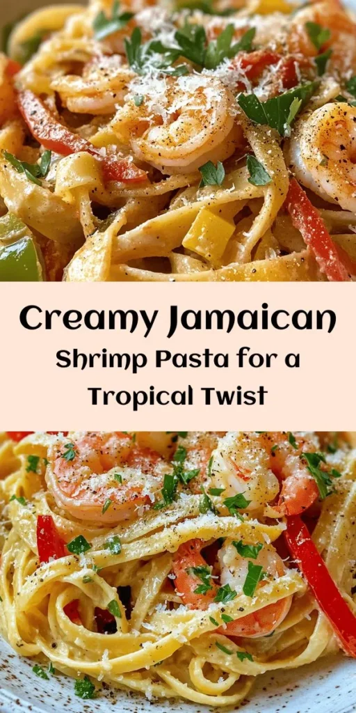 Indulge in the tropical flavors of Jamaica with this creamy shrimp pasta recipe! In just 30 minutes, you can create a bowl of delicious fettuccine or linguine paired with succulent shrimp, vibrant bell peppers, and a rich coconut cream sauce. Seasoned with spices for a hint of heat and finished with a splash of lime juice, this dish is perfect for a quick weeknight dinner or a special occasion. Garnish with fresh parsley and Parmesan for the ultimate treat!