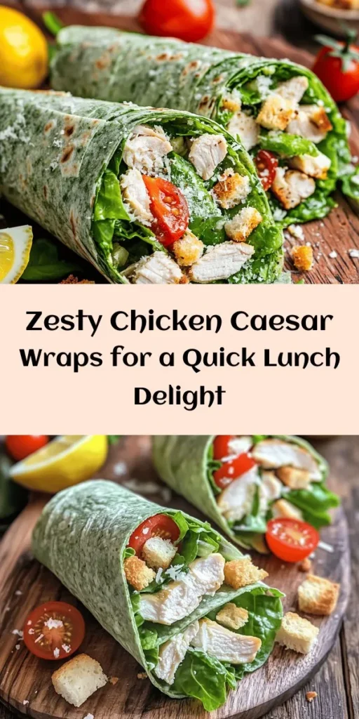 Elevate your lunch game with these Zesty Chicken Caesar Wraps! Packed with shredded chicken, fresh romaine, cherry tomatoes, and topped with shaved Parmesan and crunchy croutons, these wraps are a delightful twist on the classic Caesar salad. Easy to make in just 15 minutes, they’re perfect for meal prep or a quick dinner. Serve with a squeeze of lemon for that extra zest! Try them today for a delicious and satisfying meal on the go.